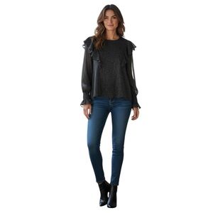 NEW Black Chiffon Metallic Ruffle Sleeve Overlay Top M by Andree by Unit